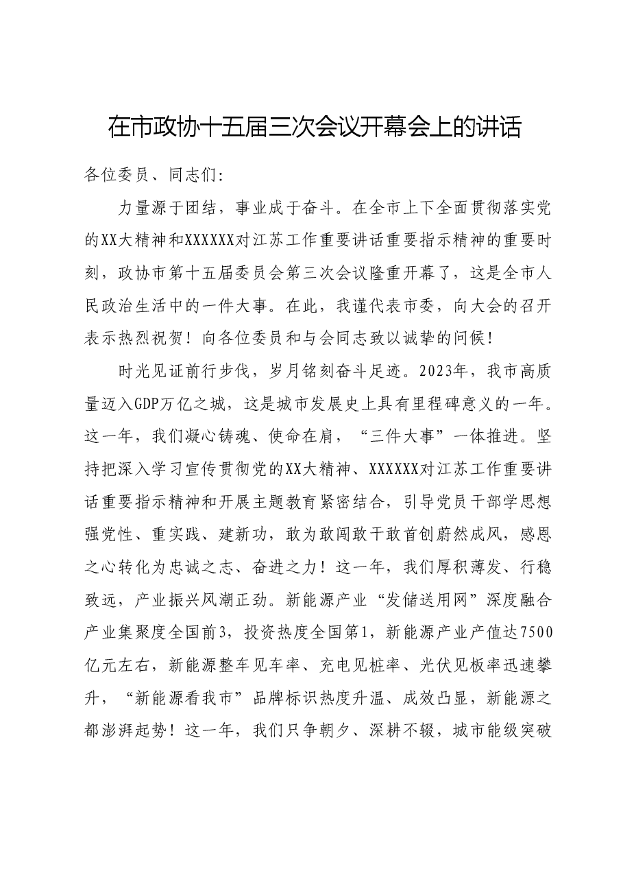 在市政协十五届三次会议开幕会上的讲话.doc,第1页预览