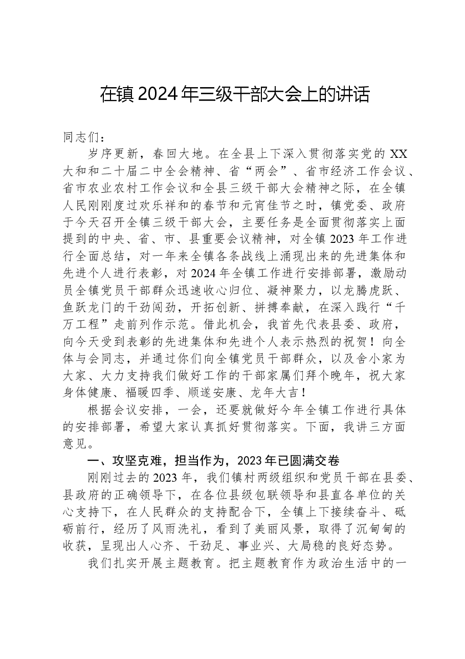 在镇2024年三级干部大会上的讲话.docx，第1页预览