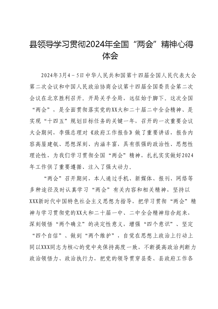 县领导学习贯彻2024年全国“两会”精神心得体会.docx,第1页预览