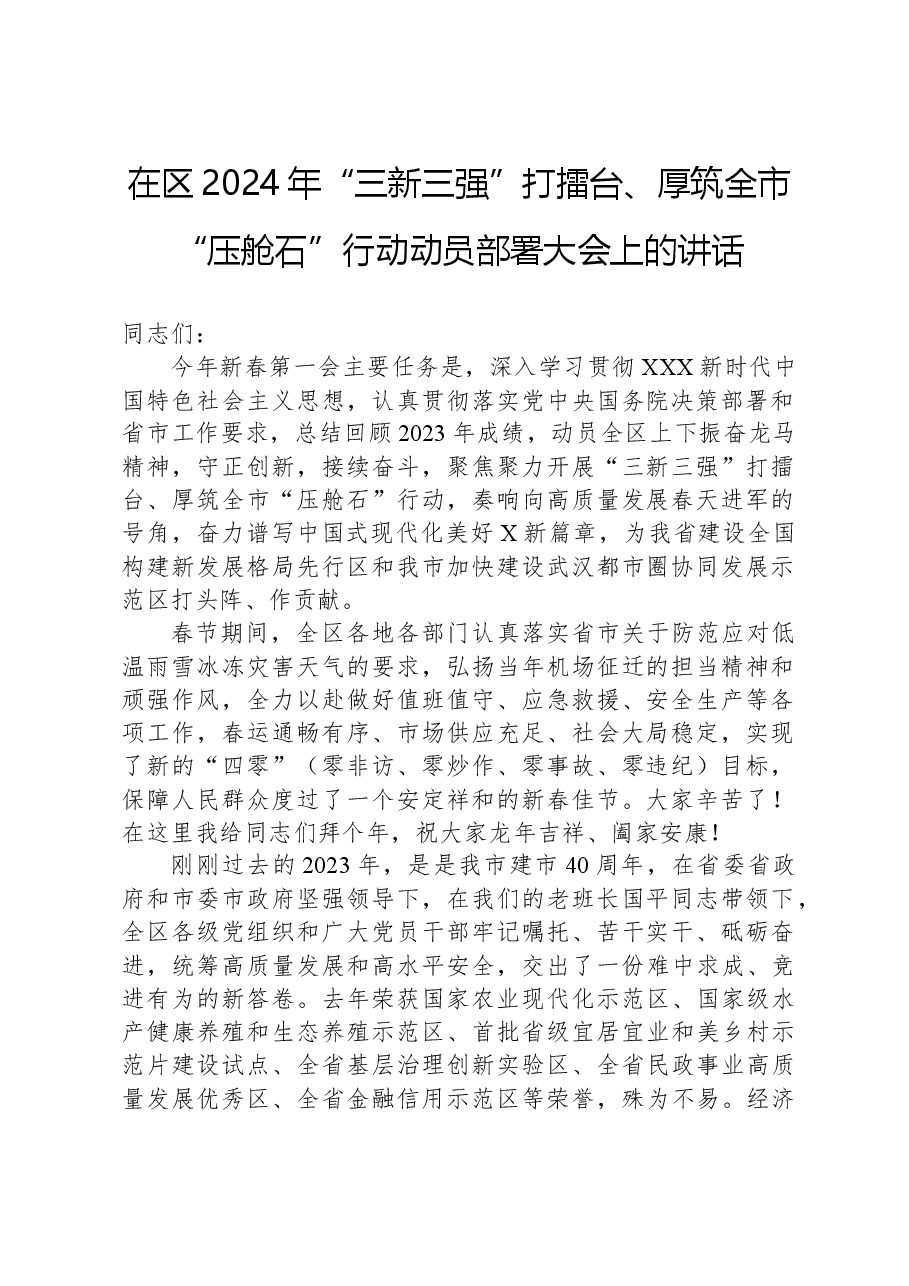 在区2024年“三新三强”打擂台、厚筑全市“压舱石”行动动员部署大会上的讲话.docx,第1页预览