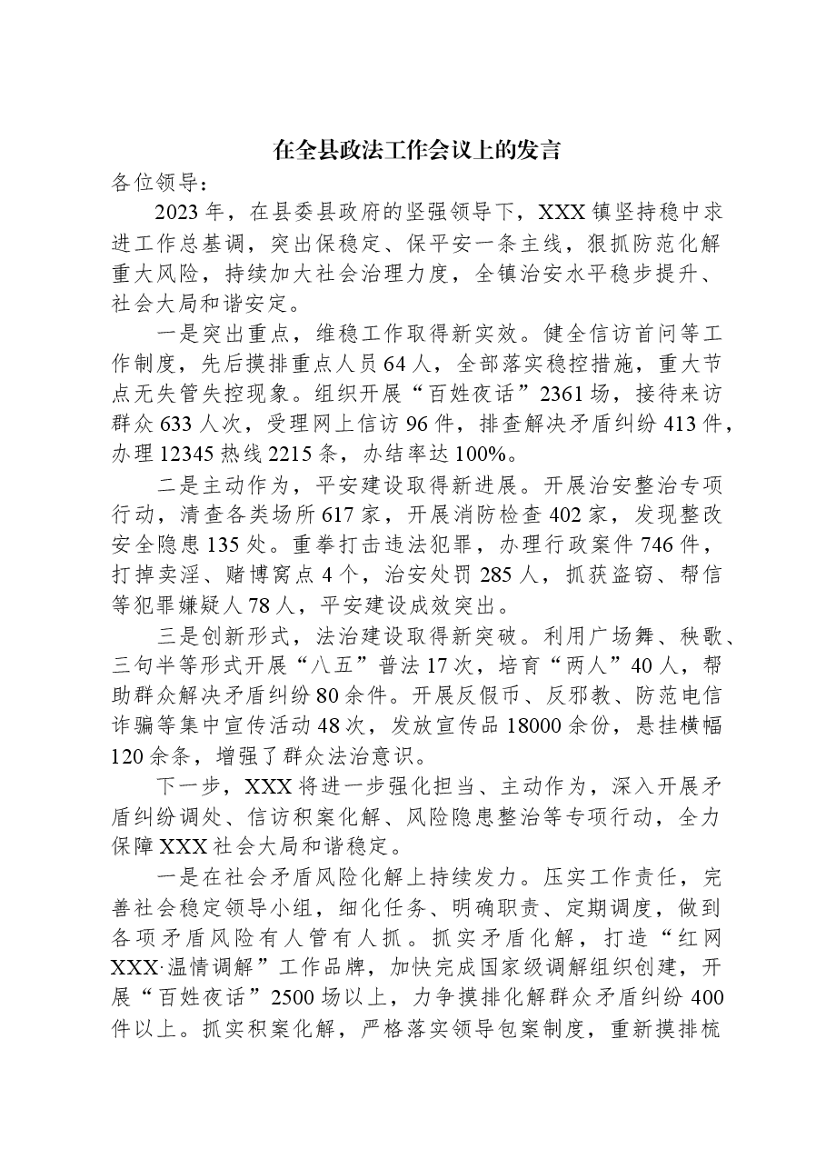 在全县政法工作会议上的发言.docx,第1页预览