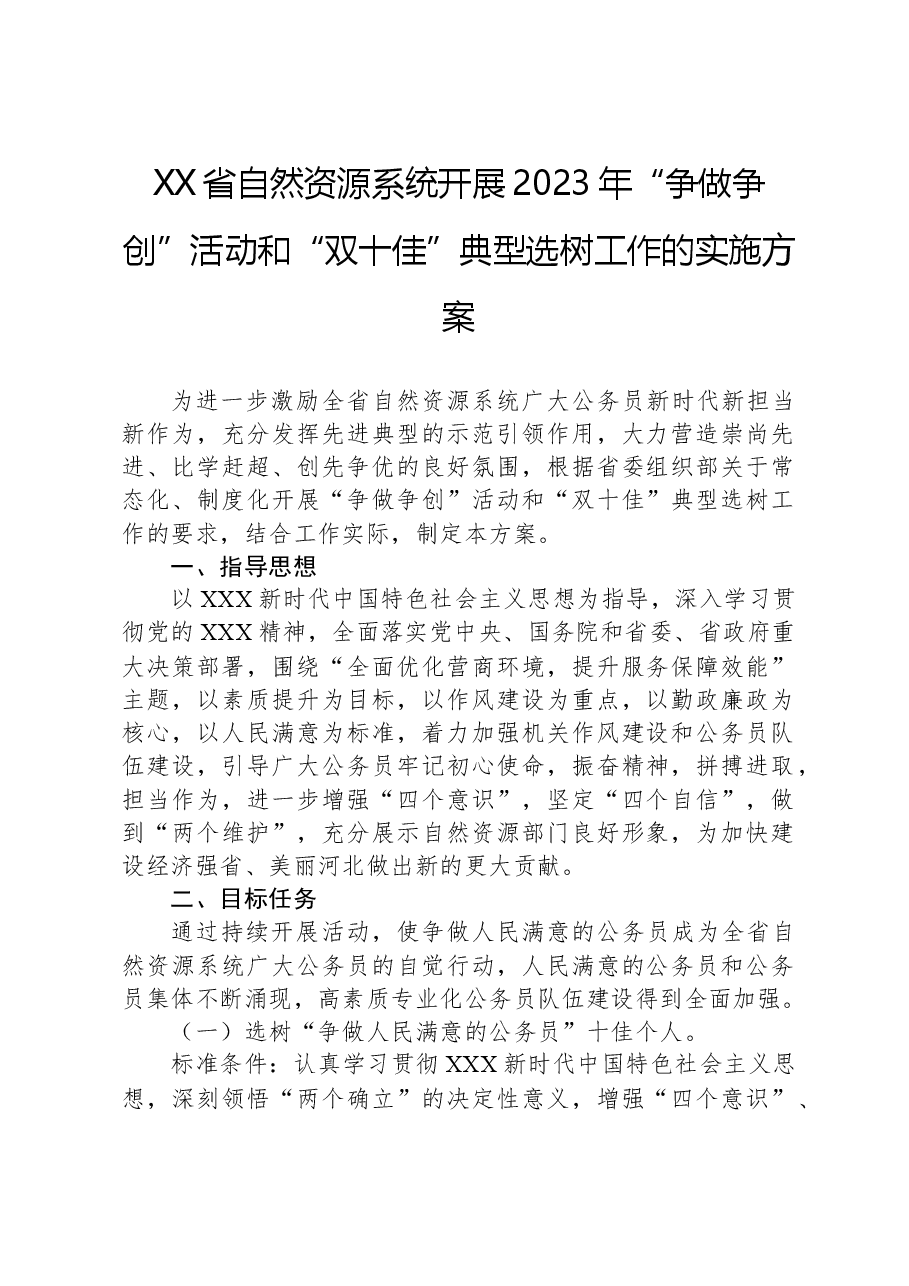 XX省自然资源系统开展2023年“争做争创”活动和“双十佳”典型选树工作的实施方案.docx,第1页预览