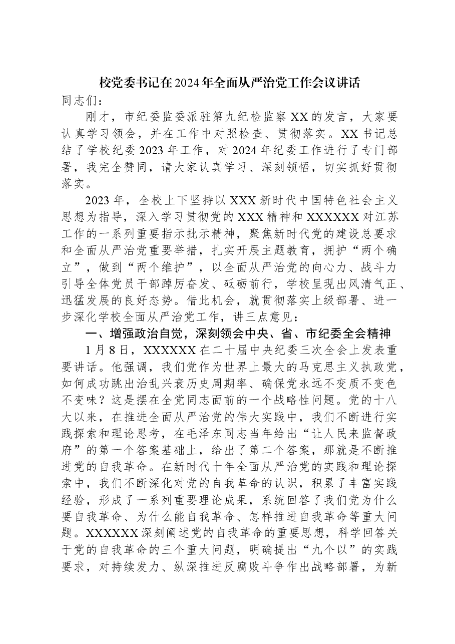 校党委书记在2024年全面从严治党工作会议讲话.docx，第1页预览