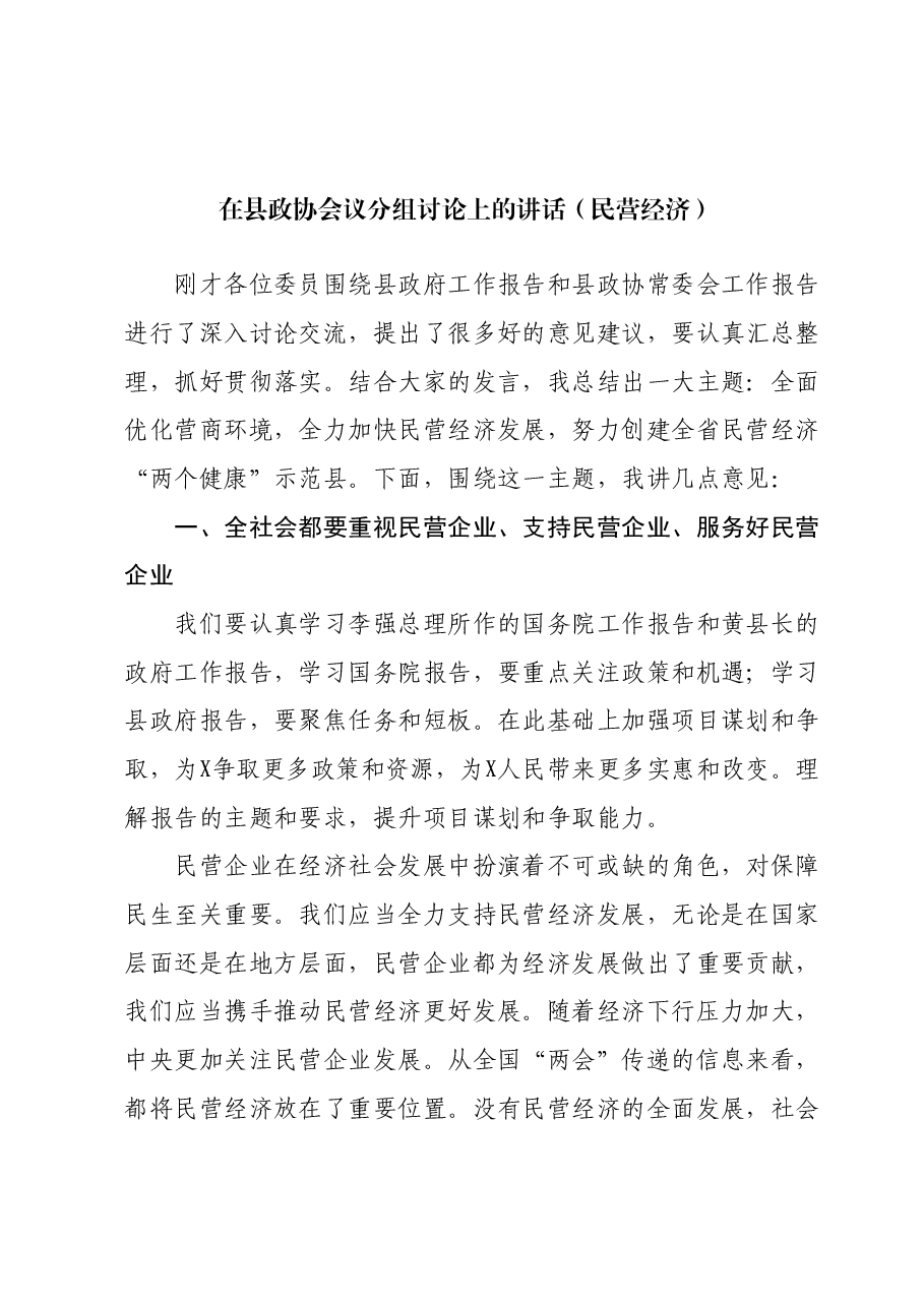 在县政协会议分组讨论上的讲话(民营经济).docx,第1页预览