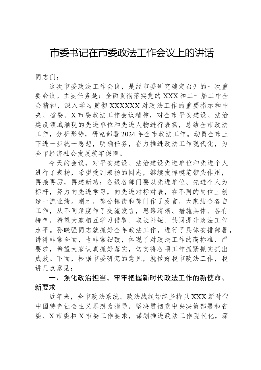 市委书记在市委政法工作会议上的讲话.docx,第1页预览