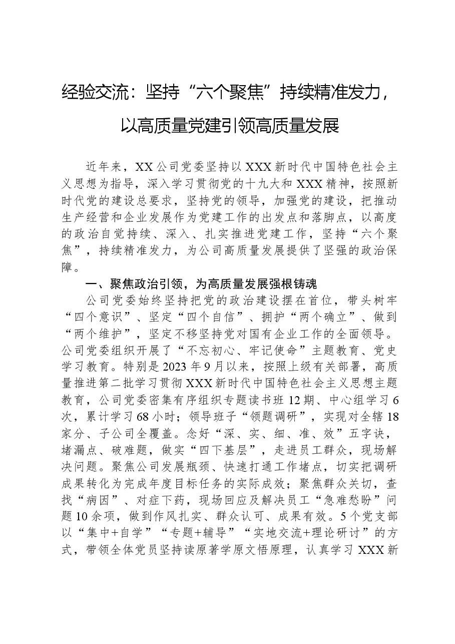 经验交流：坚持“六个聚焦”持续精准发力，以高质量党建引领高质量发展.docx，第1页预览