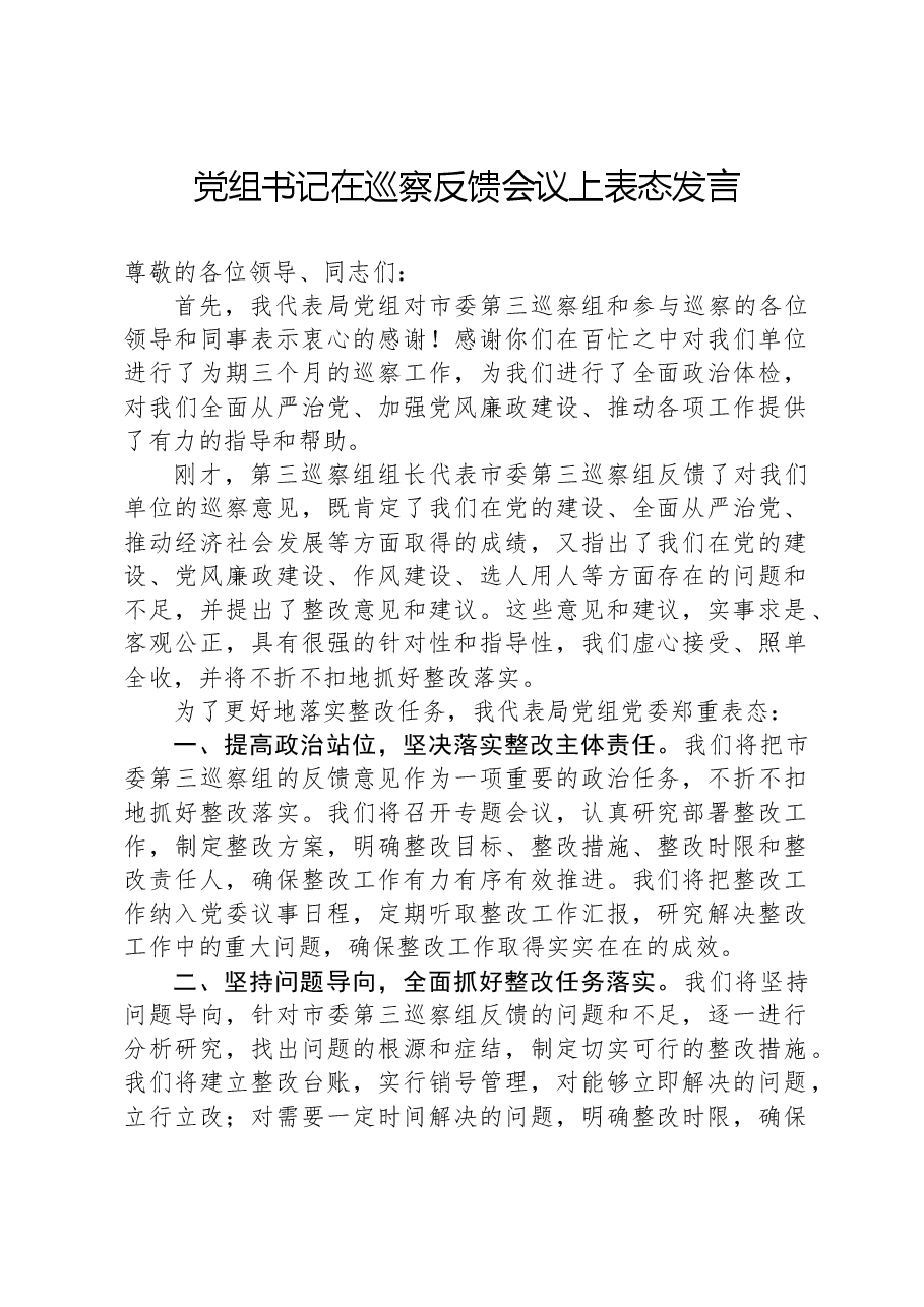 党组书记在巡察反馈会议上表态发言.docx,第1页预览
