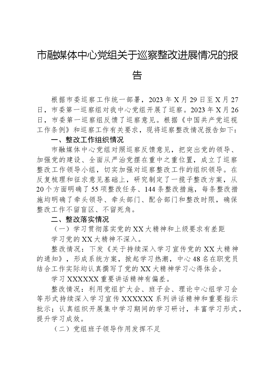 市融媒体中心党组关于巡察整改进展情况的报告.docx,第1页预览