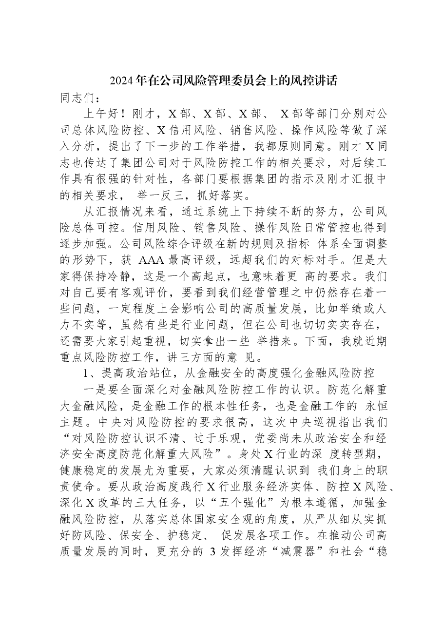 2024年在公司风险管理委员会上的风控讲话.docx,第1页预览