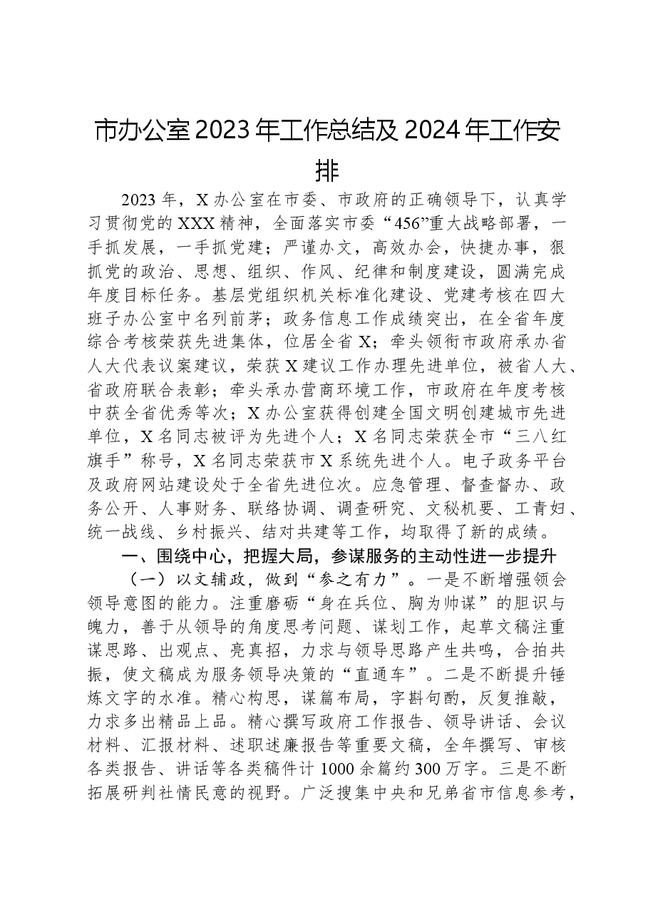 市办公室2023年工作总结及2024年工作安排.docx,第1页预览