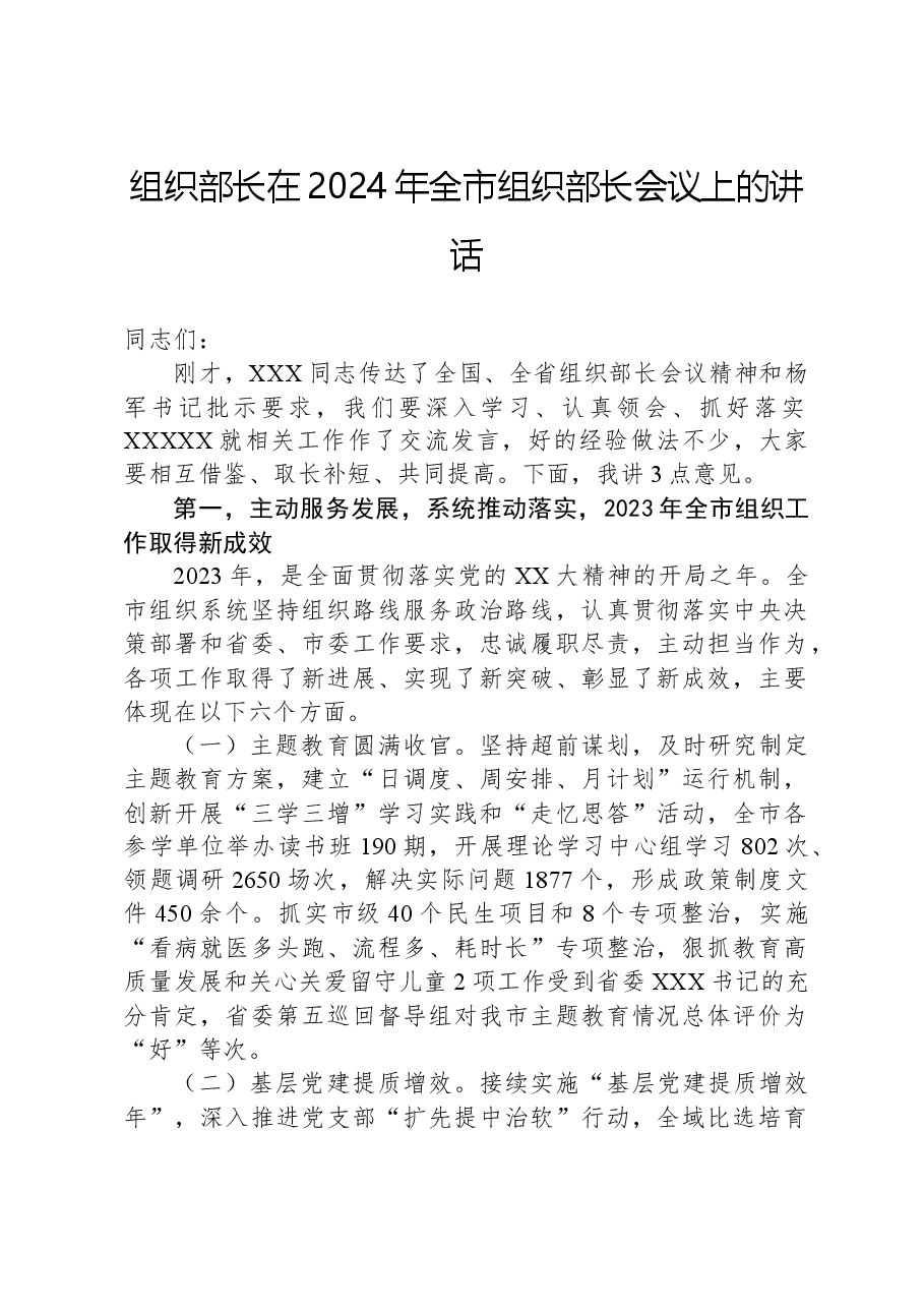 组织部长在2024年全市组织部长会议上的讲话.docx，第1页预览