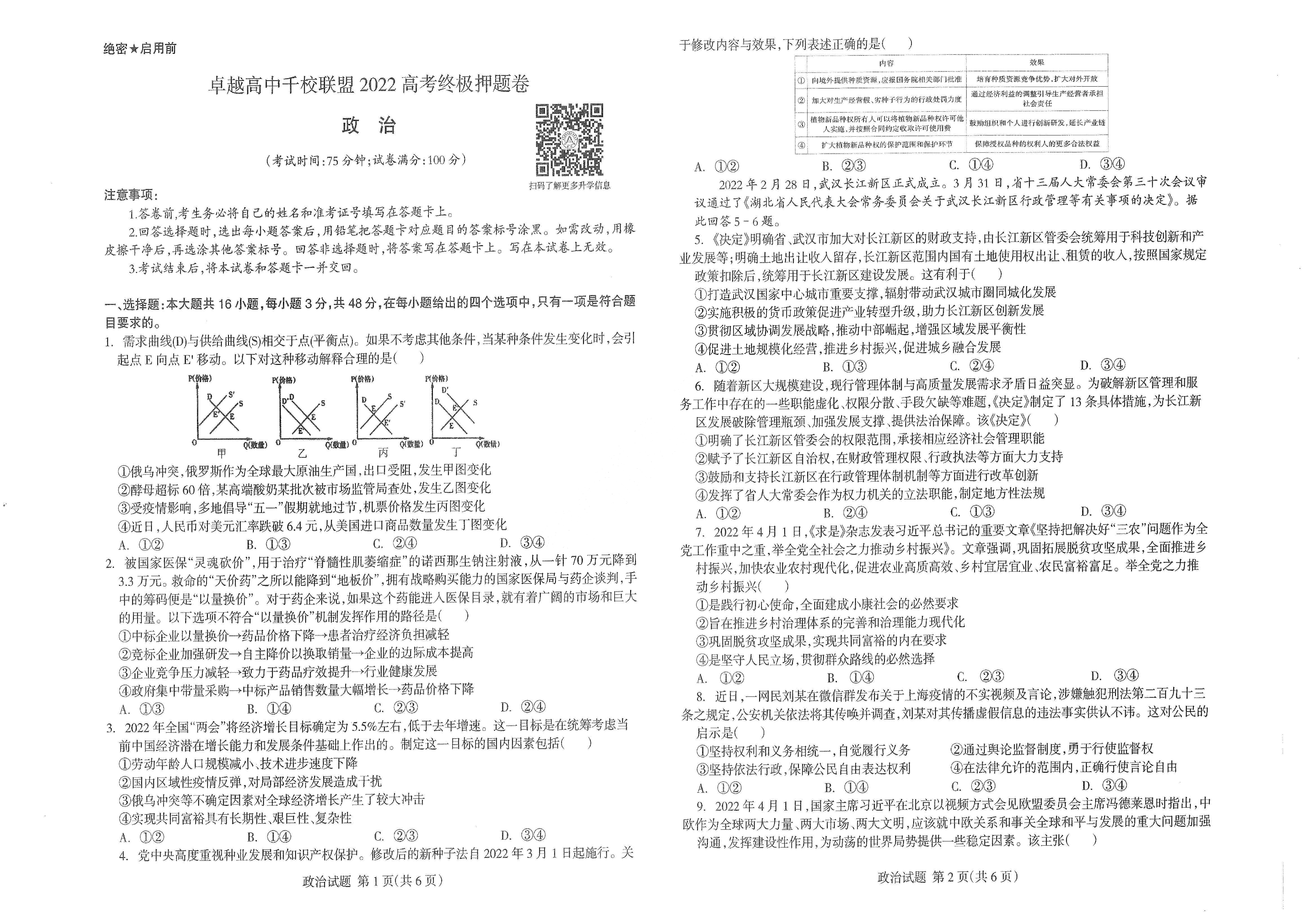 【2022年】高考押题卷王HXiong-终极押题-政治【新高考】.pdf,第1页预览