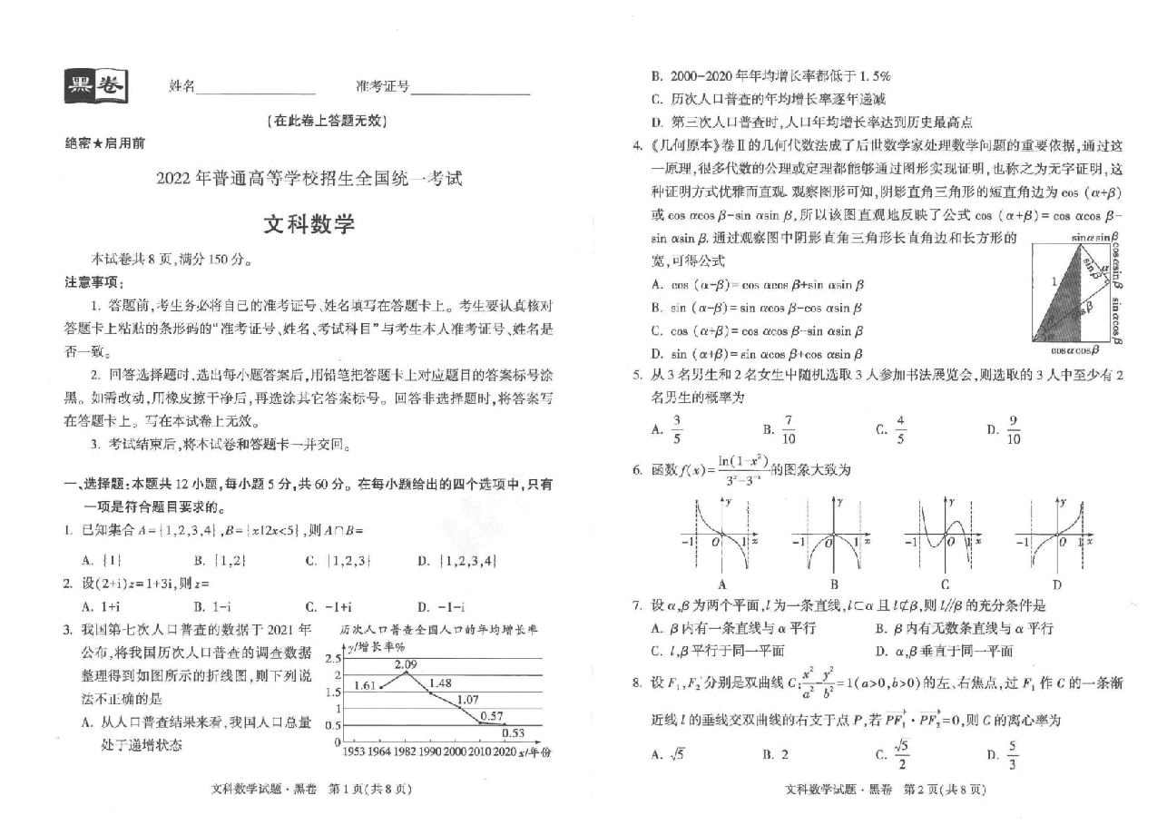 【2022年】高考押题卷黑:文数..pdf,第1页预览