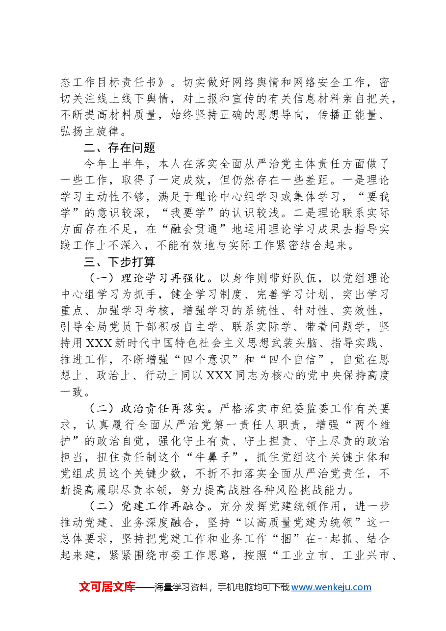 工信局长2024年上半年全面从严治党工作第一责任人履职情况报告.docx,第3页预览