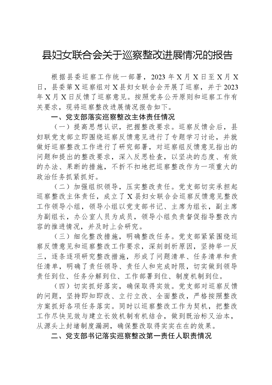 县妇女联合会关于巡察整改进展情况的报告.docx,第1页预览