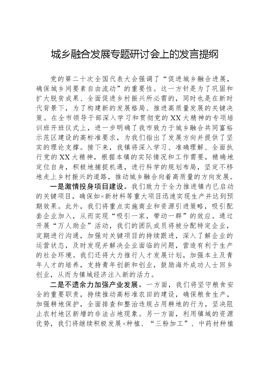 城乡融合发展专题研讨会上的发言提纲.docx,第1页预览