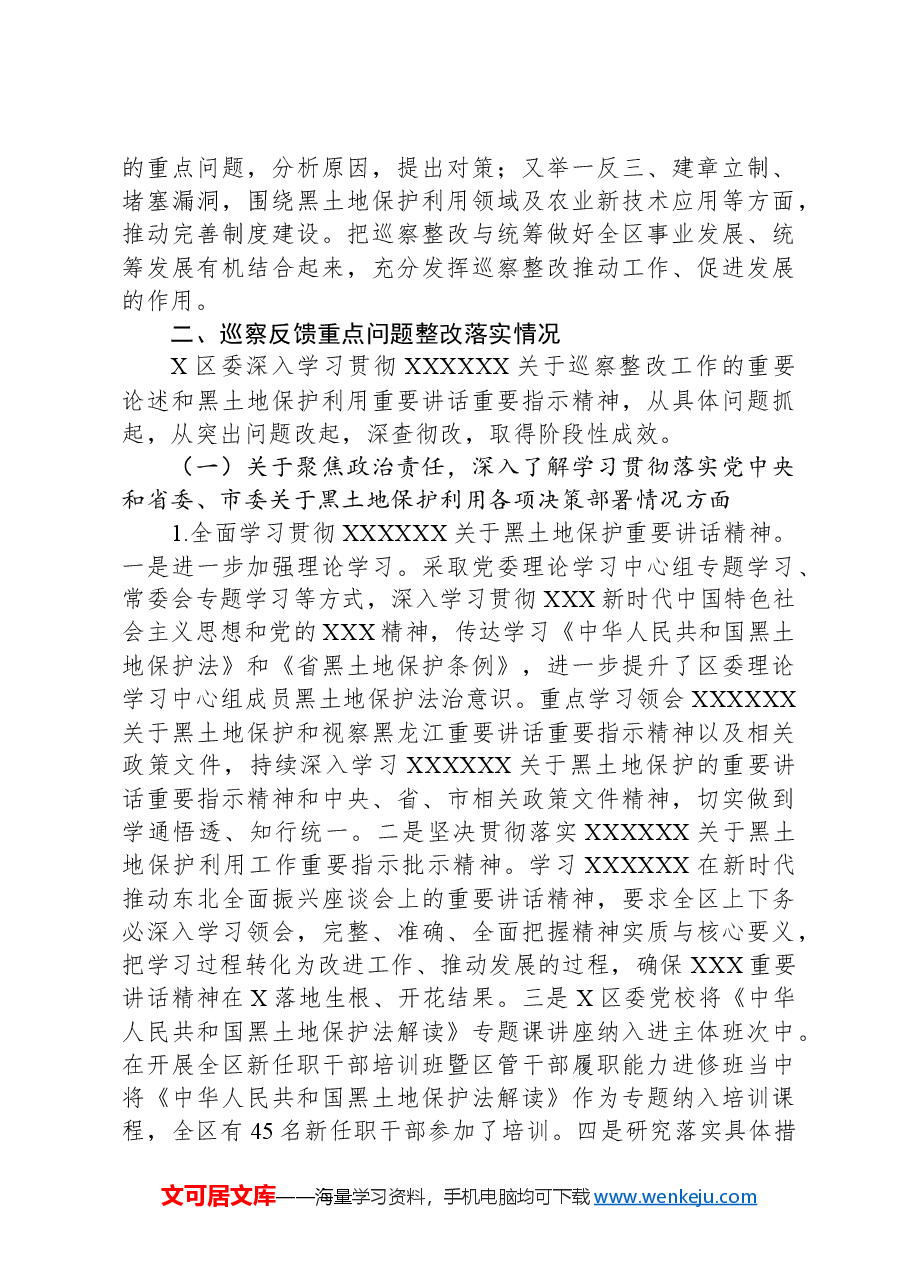 某区委关于黑土地保护利用专题巡察整改进展情况的报告.docx,第3页预览