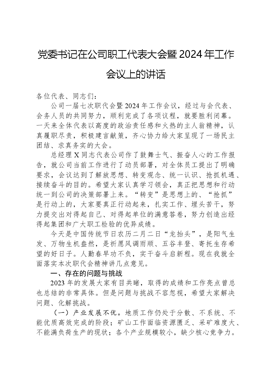 党委书记在公司职工代表大会暨2024年工作会议上的讲话.docx，第1页预览