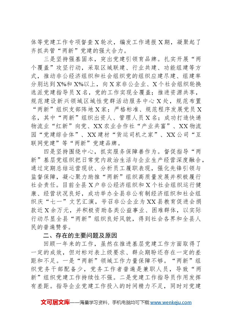 县委“两新”党工委书记抓基层党建工作述职报告.docx,第2页预览