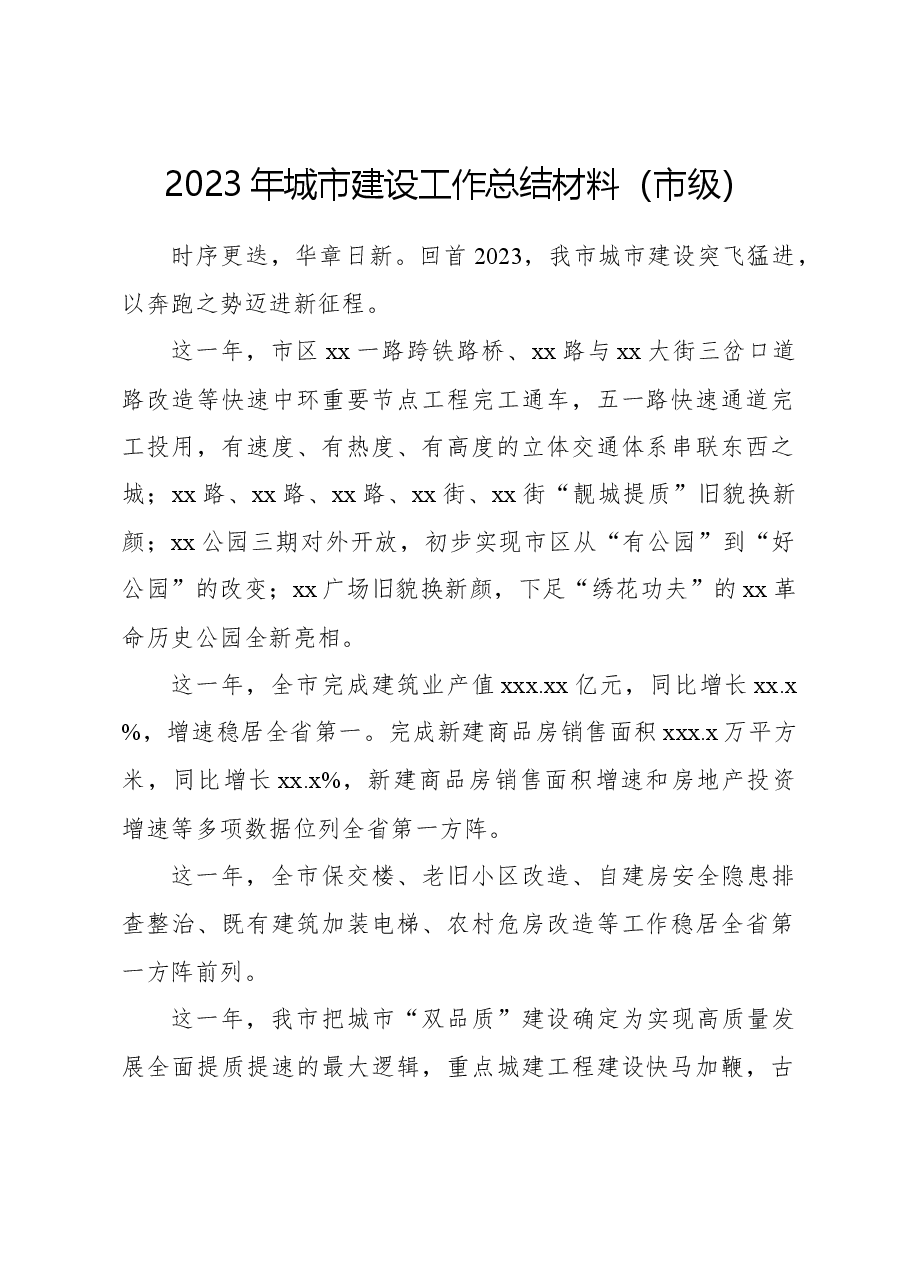 2023年城市建设工作总结材料(市级).docx,第1页预览