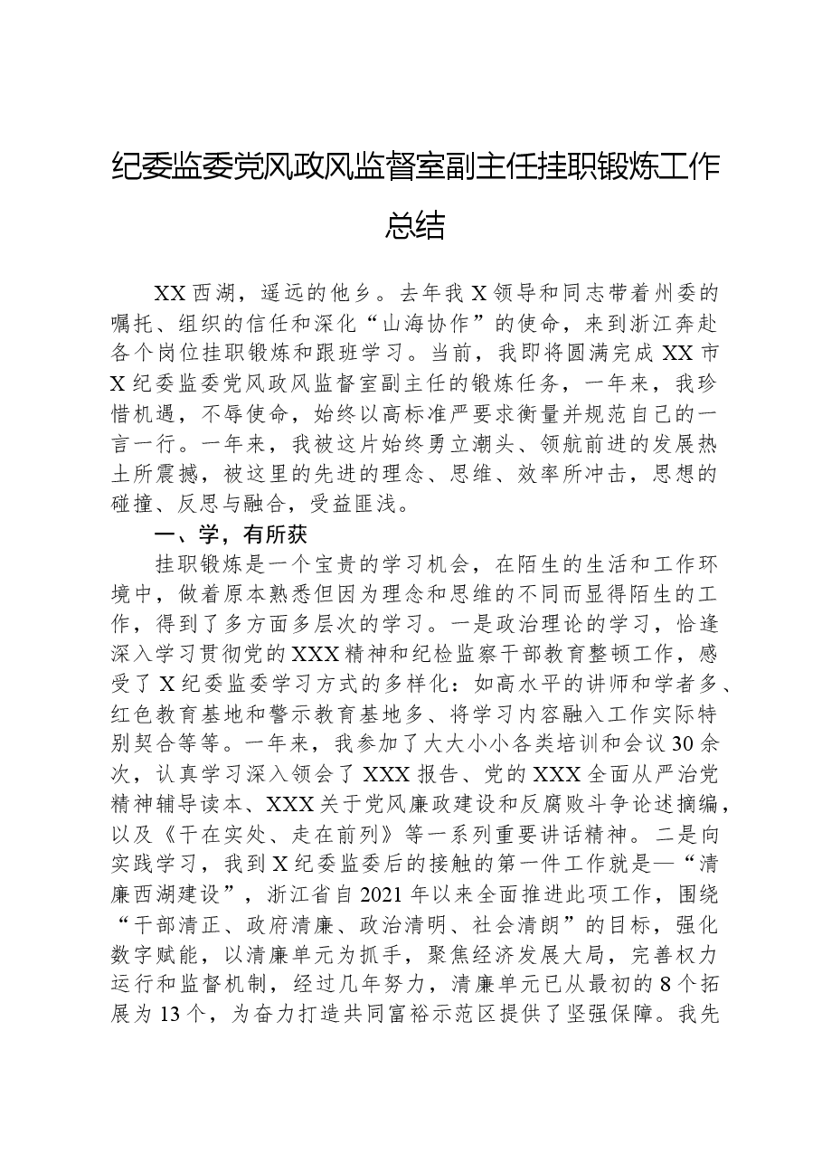 纪委监委党风政风监督室副主任挂职锻炼工作总结.docx，第1页预览