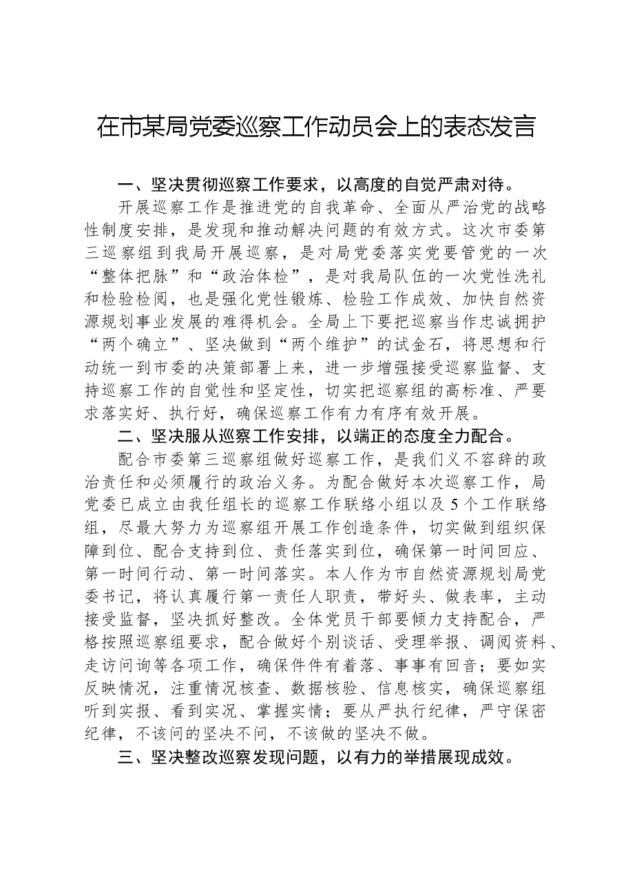 在市某局党委巡察工作动员会上的表态发言.docx,第1页预览