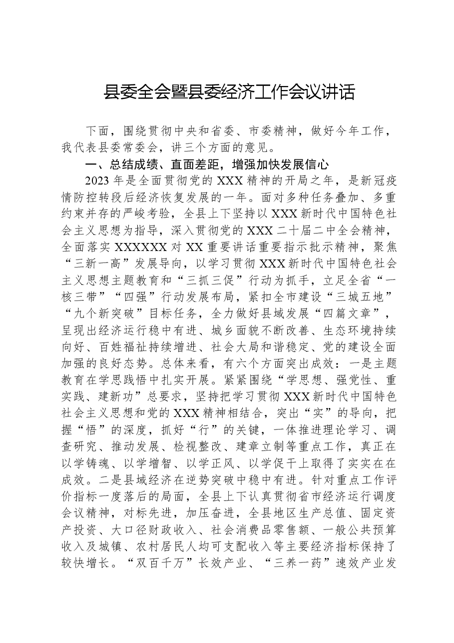 县委全会暨县委经济工作会议讲话.docx,第1页预览