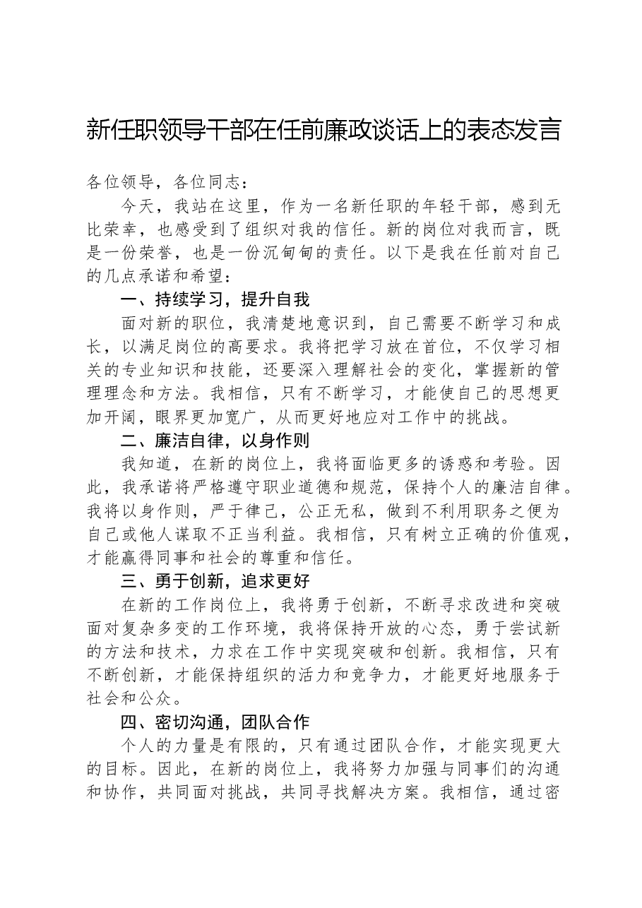 新任职领导干部在任前廉政谈话上的表态发言.docx,第1页预览
