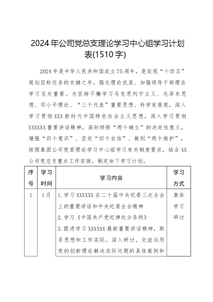 2024年要点党总支理论学习中心组学习计划表要点.docx，第1页预览