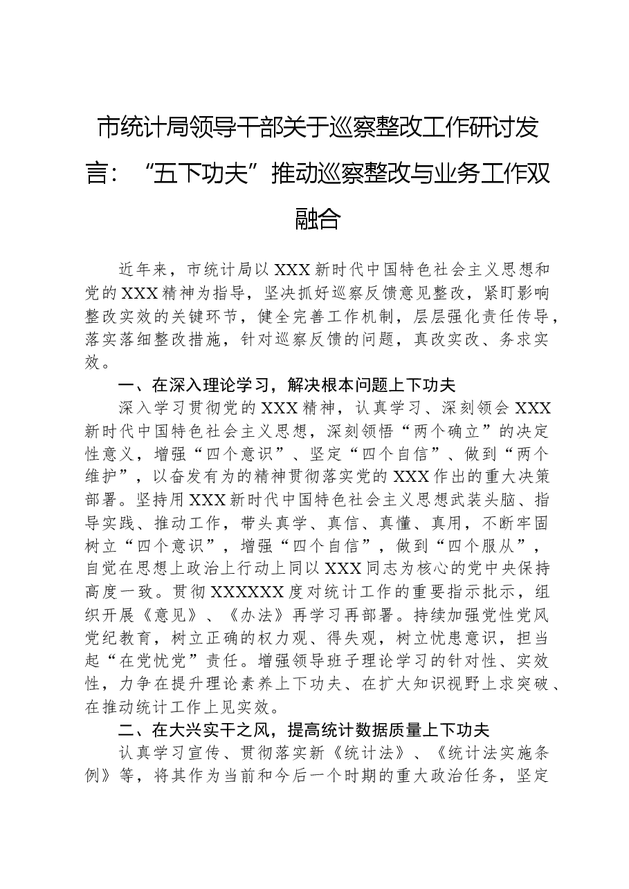 市统计局领导干部关于巡察整改工作研讨发言:“五下功夫”推动巡察整改与业务工作双融合.docx,第1页预览