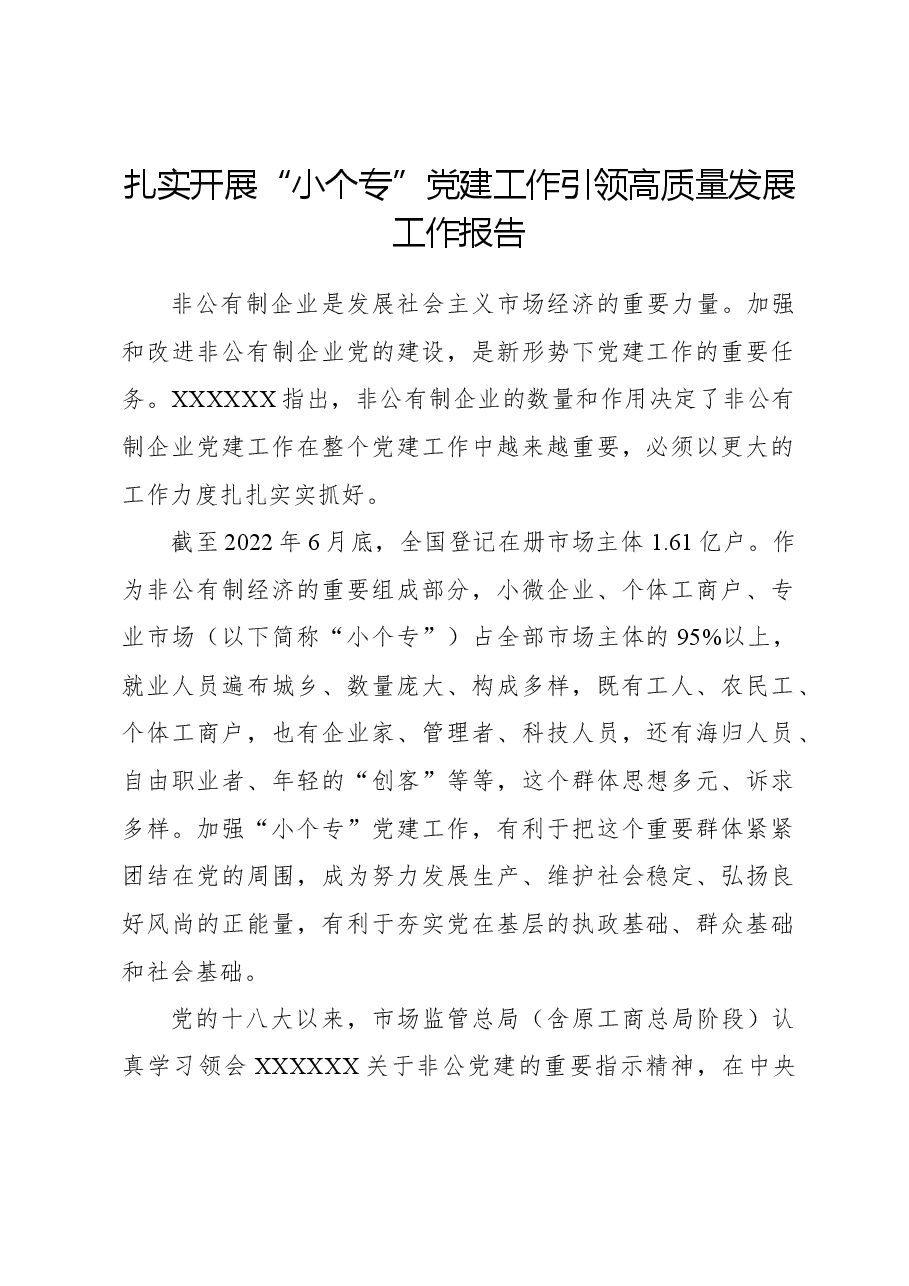 扎实开展“小个专”党建工作引领高质量发展工作报告.docx，第1页预览