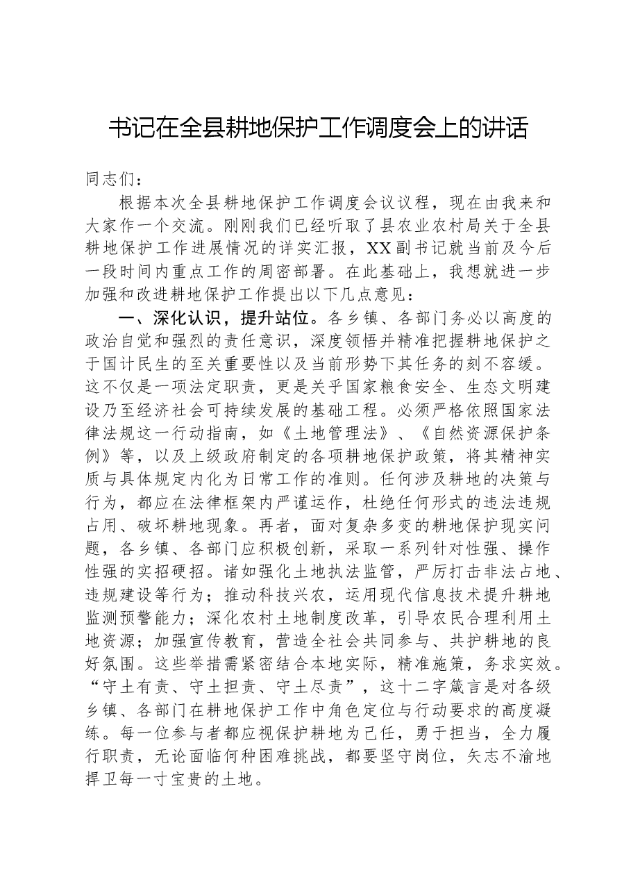 书记在全县耕地保护工作调度会上的讲话.docx,第1页预览
