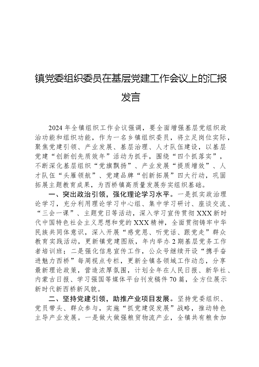 镇党委组织委员在基层党建工作会议上的汇报发言.docx,第1页预览