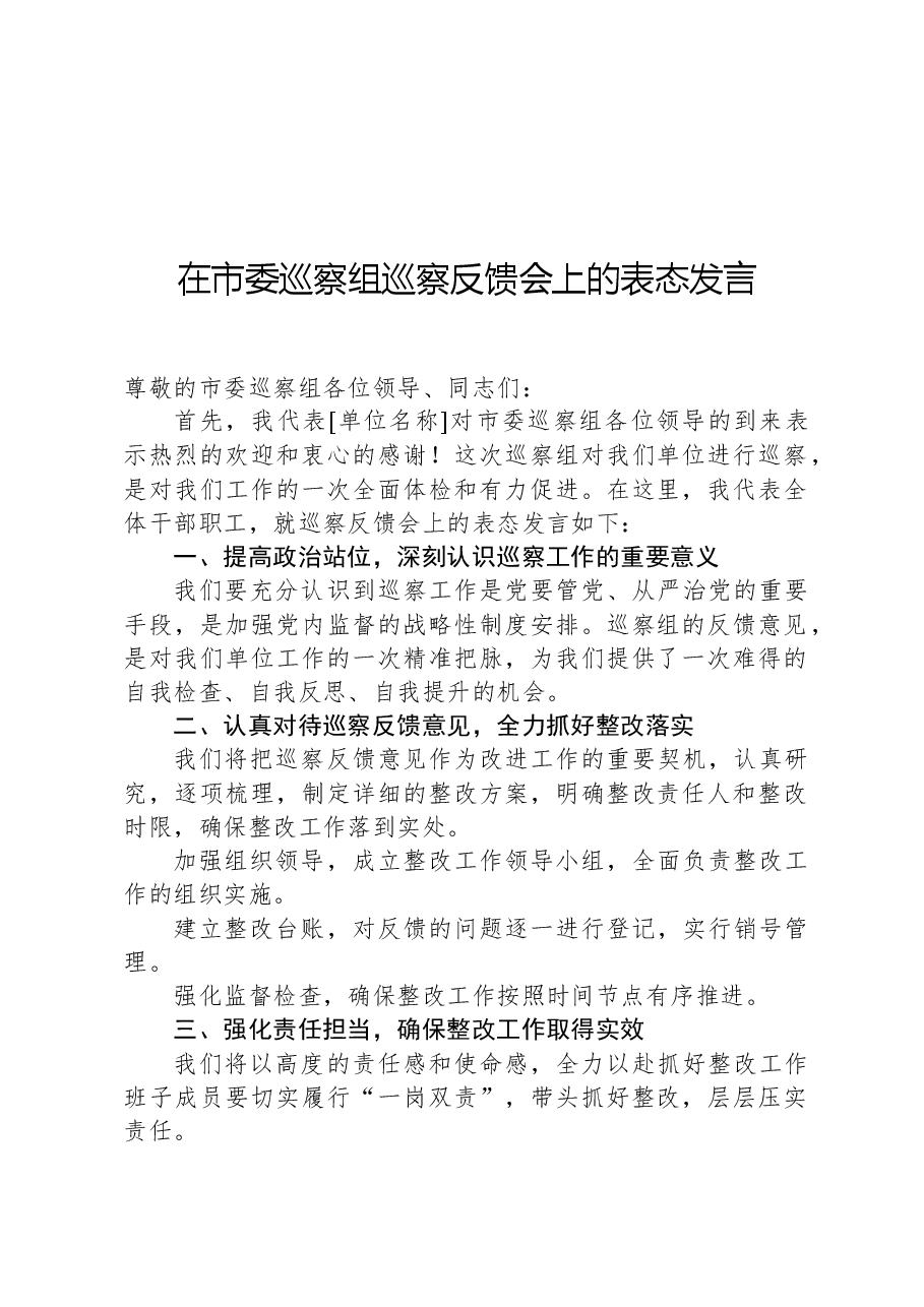 在市委巡察组巡察反馈会上的表态发言.docx,第1页预览
