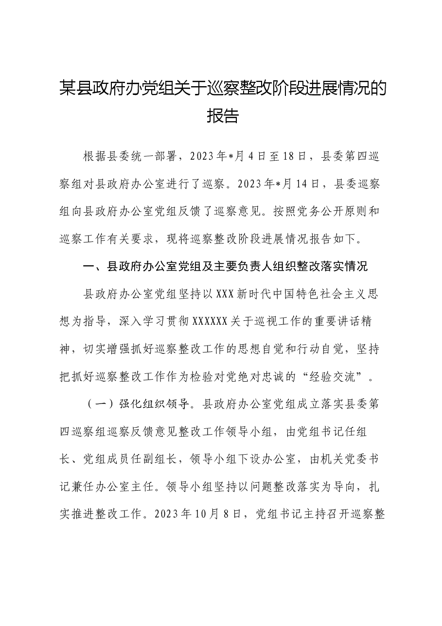 某县政府办党组关于巡察整改阶段进展情况的报告.docx,第1页预览