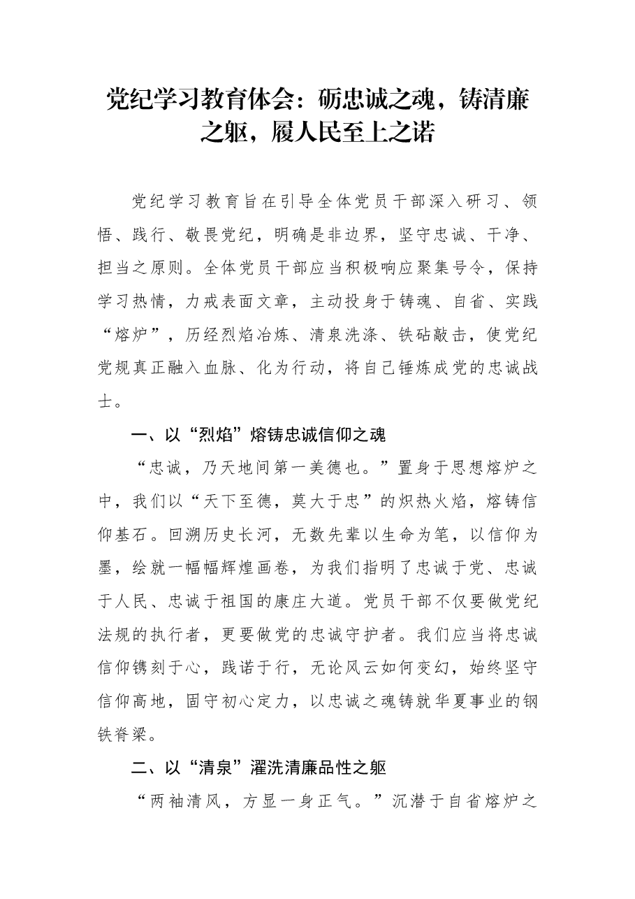 党纪学习教育体会:砺忠诚之魂,铸清廉之躯,履人民至上之诺.docx,第1页预览