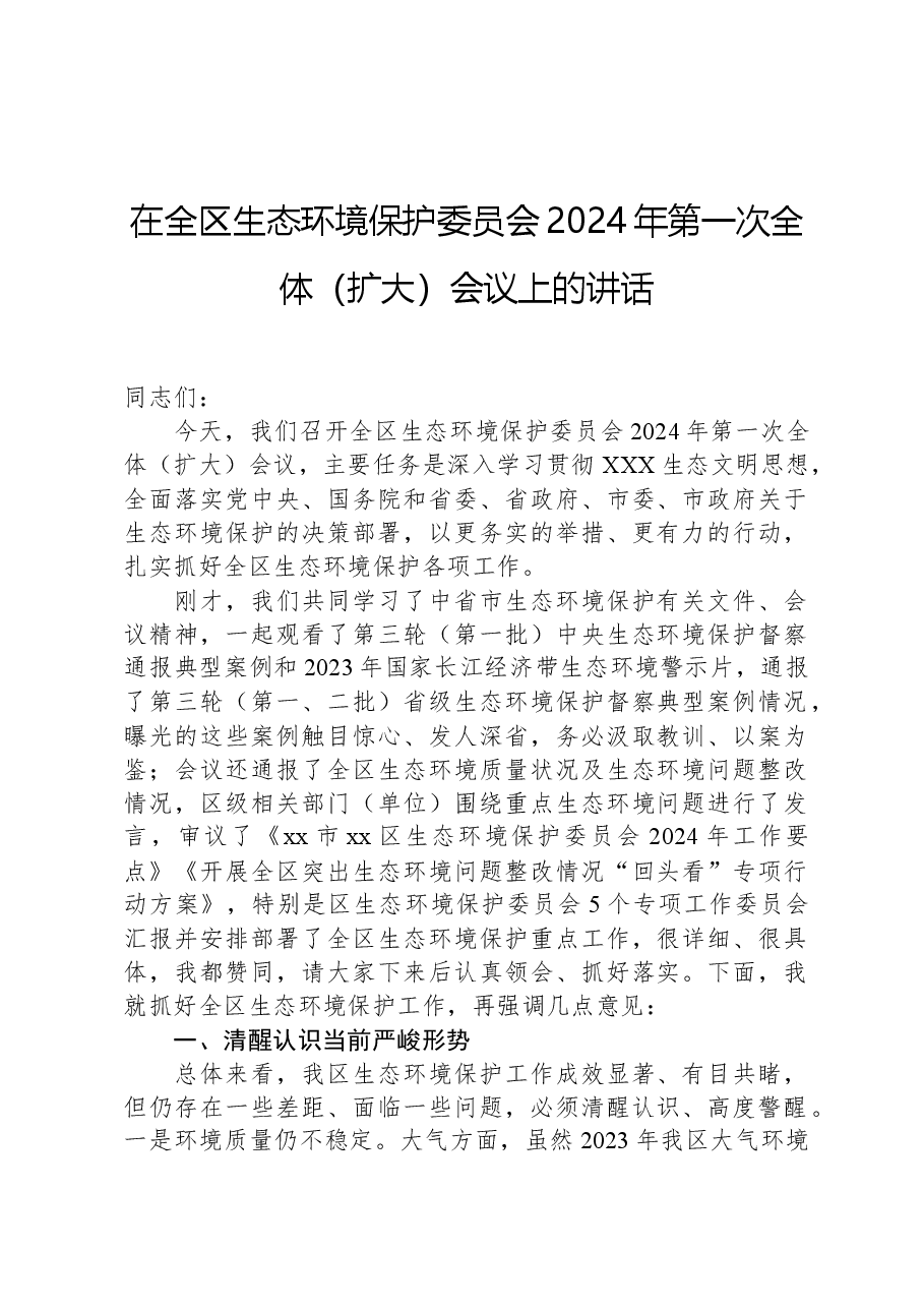 在全区生态环境保护委员会2024年第一次全体(扩大)会议上的讲话.docx,第1页预览