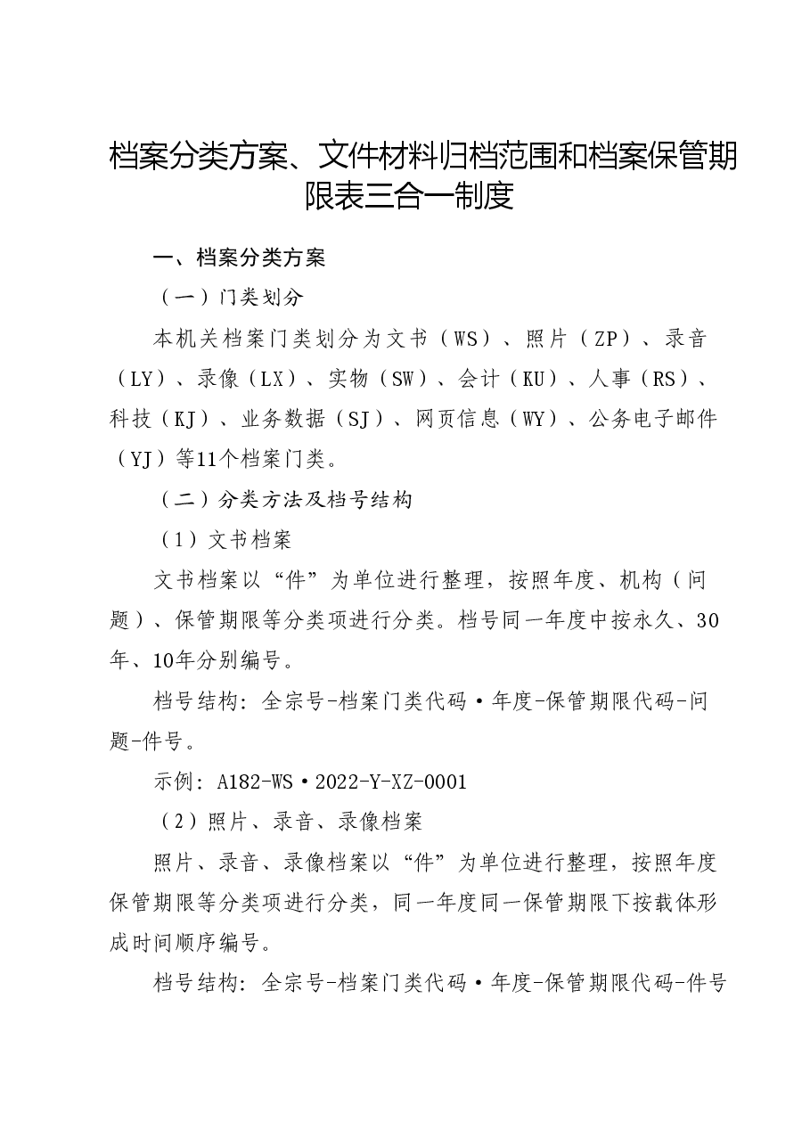 机关档案分类方案、文件材料归档范围和档案保管期限表三合一制度.docx,第1页预览