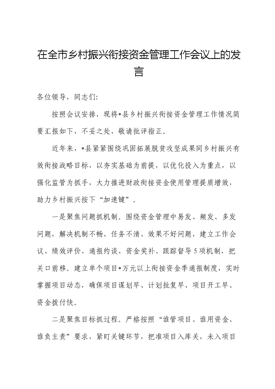 在全市乡村振兴衔接资金管理工作会议上的发言.docx,第1页预览