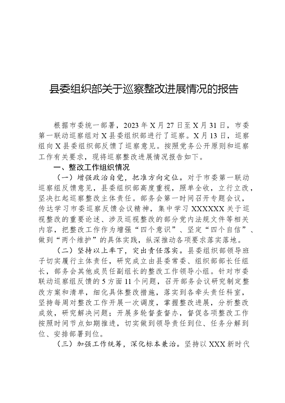 县委组织部关于巡察整改进展情况的报告.docx，第1页预览