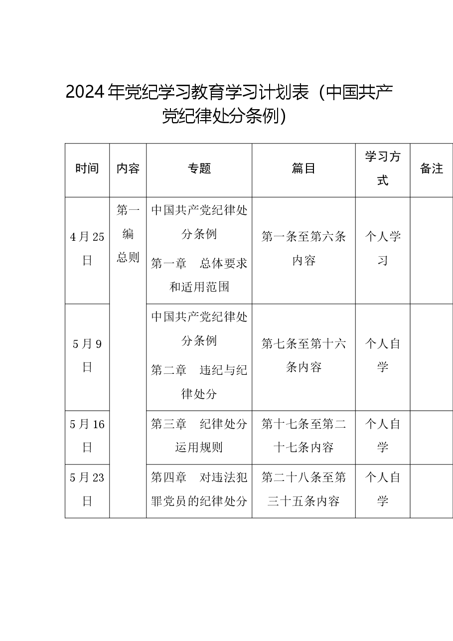 《中国共产党纪律处分条例》2024年学习计划表.docx,第1页预览