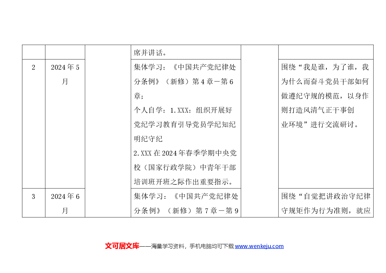 2024年党纪学习教育计划表(含党委、党支部、主题党日活动、个人自学).docx,第2页预览