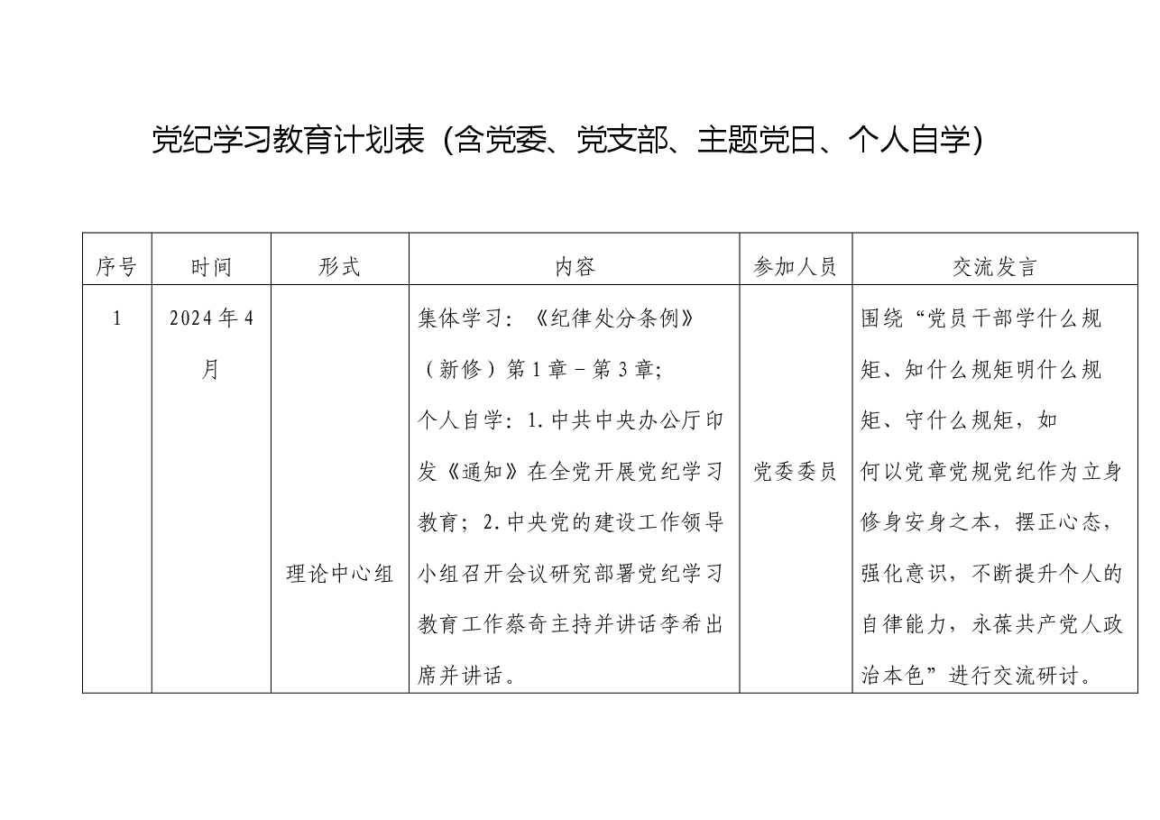 党纪学习教育计划表(含党委、支部、主题党日、个人自学)√.docx,第1页预览