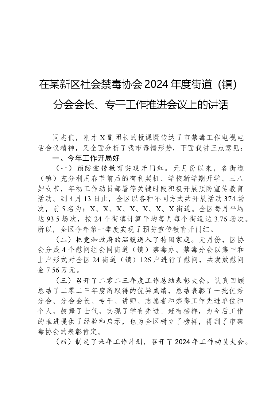 在某新区社会禁毒协会2024年度街道(镇)分会会长、专干工作推进会议上的讲话.docx,第1页预览