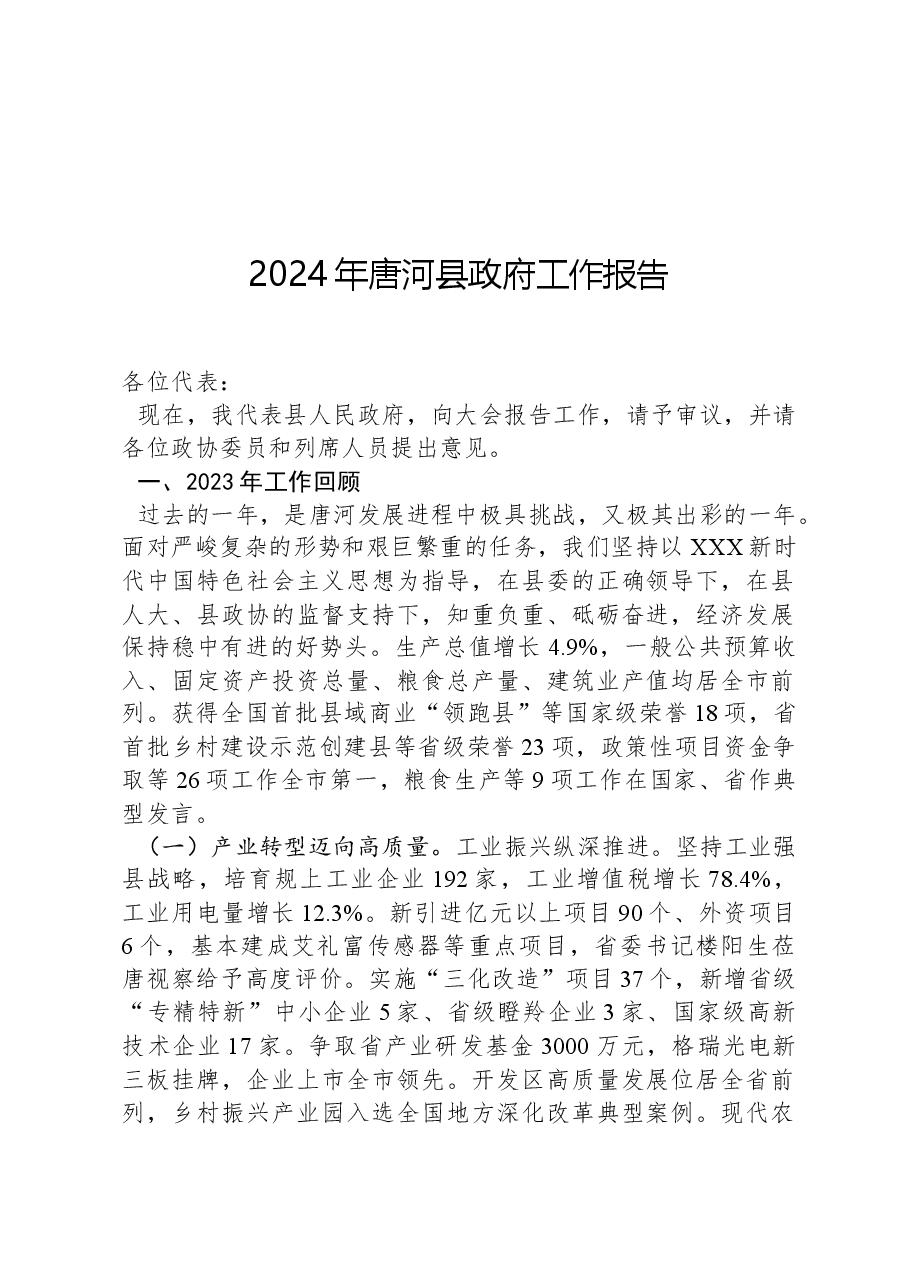 2024年唐河县政府工作报告.docx,第1页预览