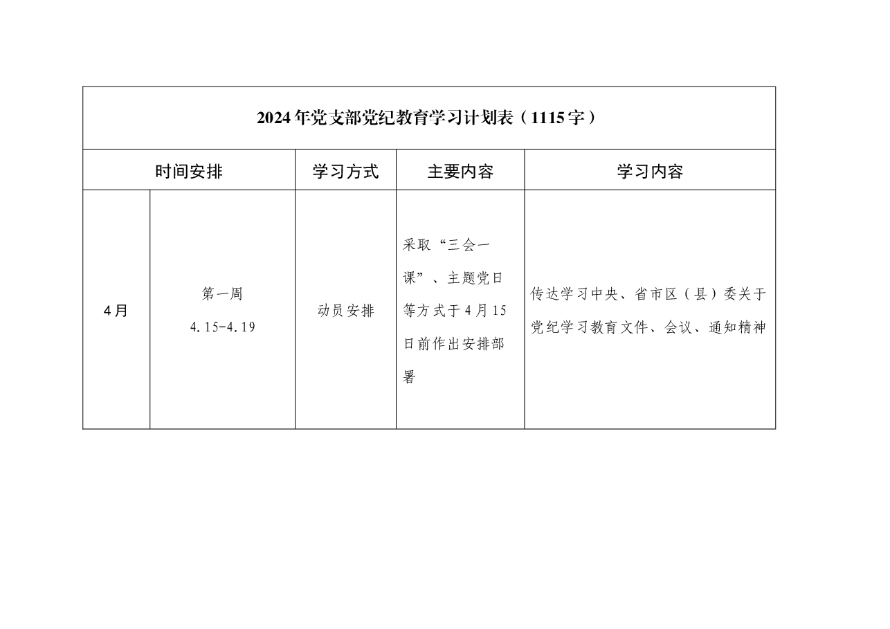 2024年党支部党纪教育学习计划表要点.docx,第1页预览