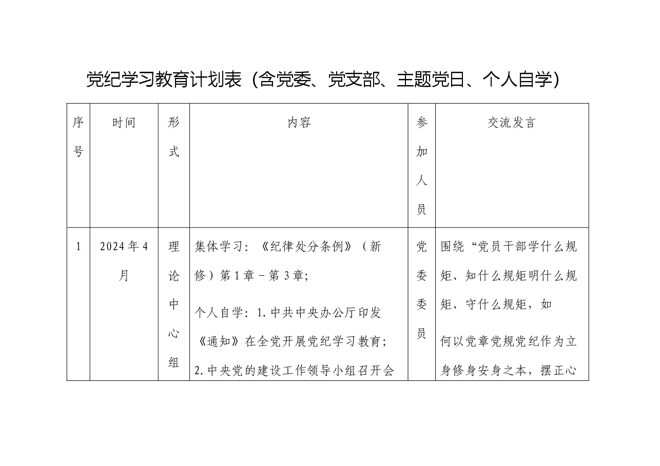党纪学习教育计划表（含党委、支部、主题党日、个人自学）.docx，第1页预览