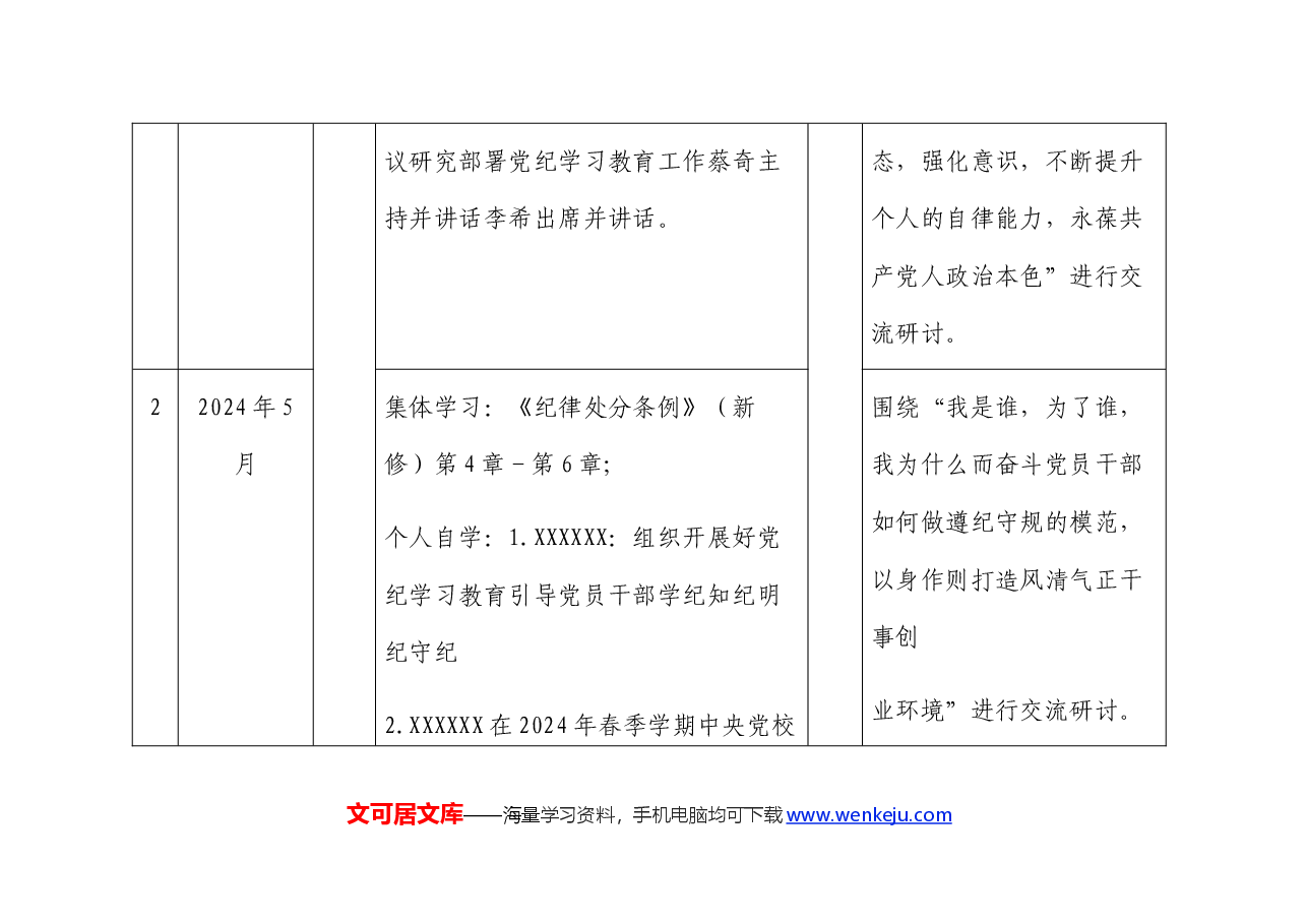 党纪学习教育计划表（含党委、支部、主题党日、个人自学）.docx，第2页预览