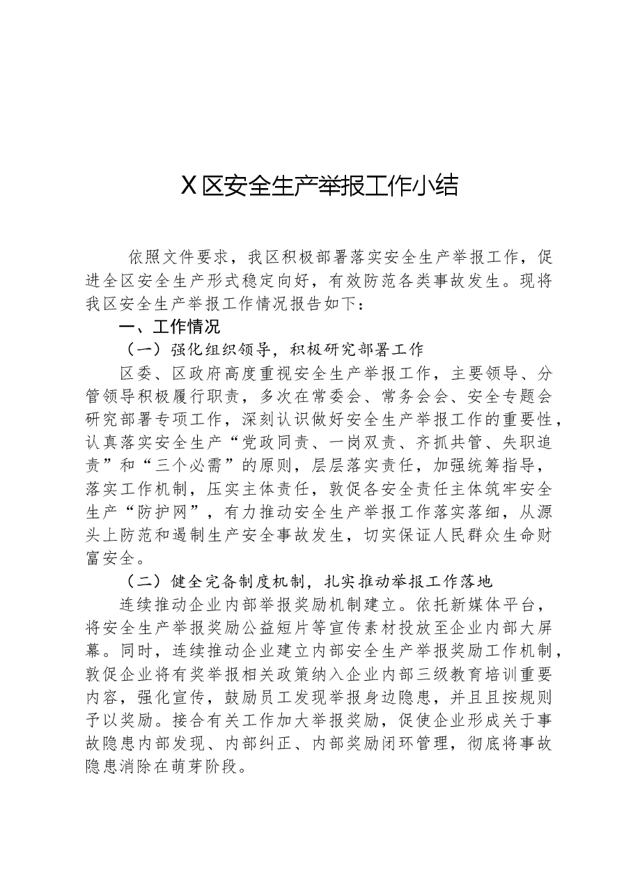 X区安全生产举报工作小结.docx，第1页预览