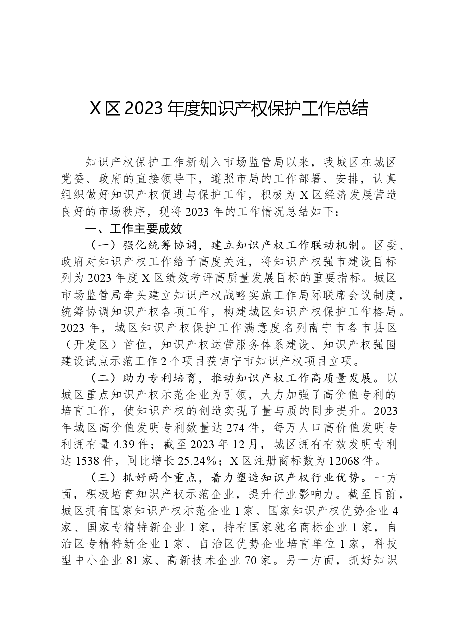 X区2023年度知识产权保护工作总结.docx,第1页预览